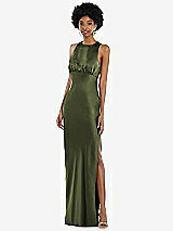 Front View Thumbnail - Olive Green Jewel Neck Sleeveless Maxi Dress with Bias Skirt
