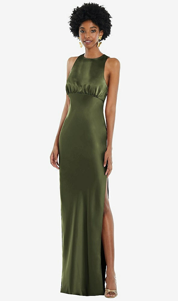 Front View - Olive Green Jewel Neck Sleeveless Maxi Dress with Bias Skirt