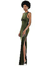 Side View Thumbnail - Olive Green Jewel Neck Sleeveless Maxi Dress with Bias Skirt