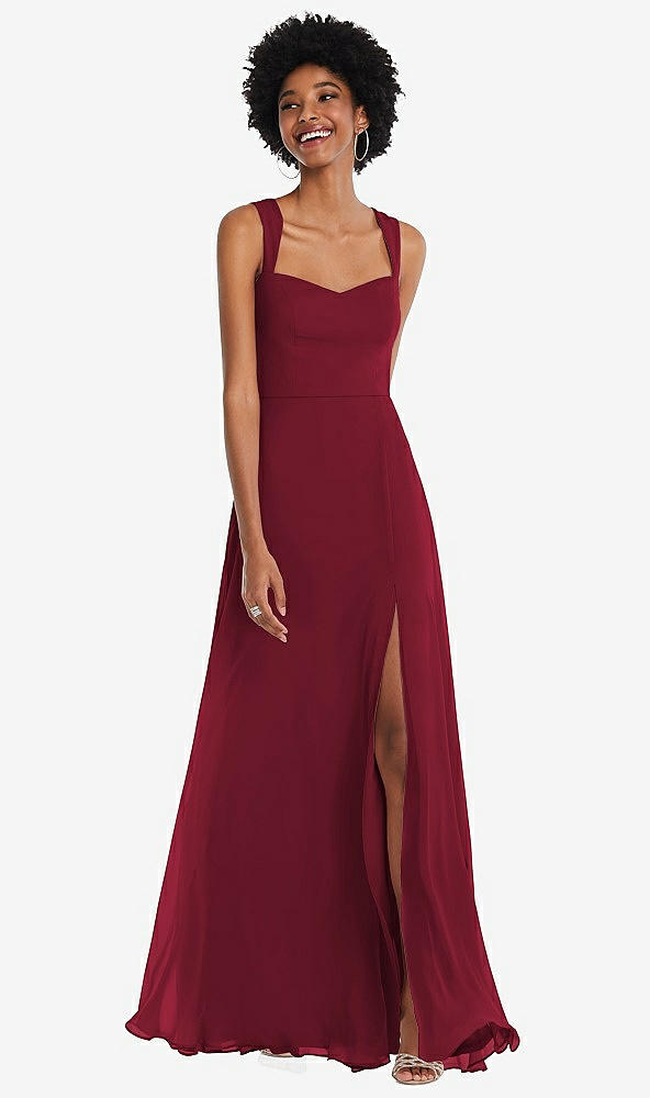 Front View - Burgundy Contoured Wide Strap Sweetheart Maxi Dress