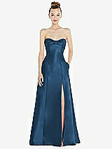 Front View Thumbnail - Dusk Blue Bow Cuff Strapless Satin Ball Gown with Pockets