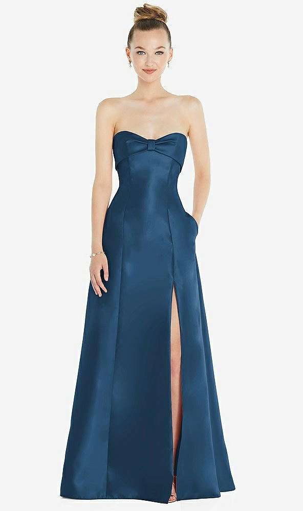 Front View - Dusk Blue Bow Cuff Strapless Satin Ball Gown with Pockets