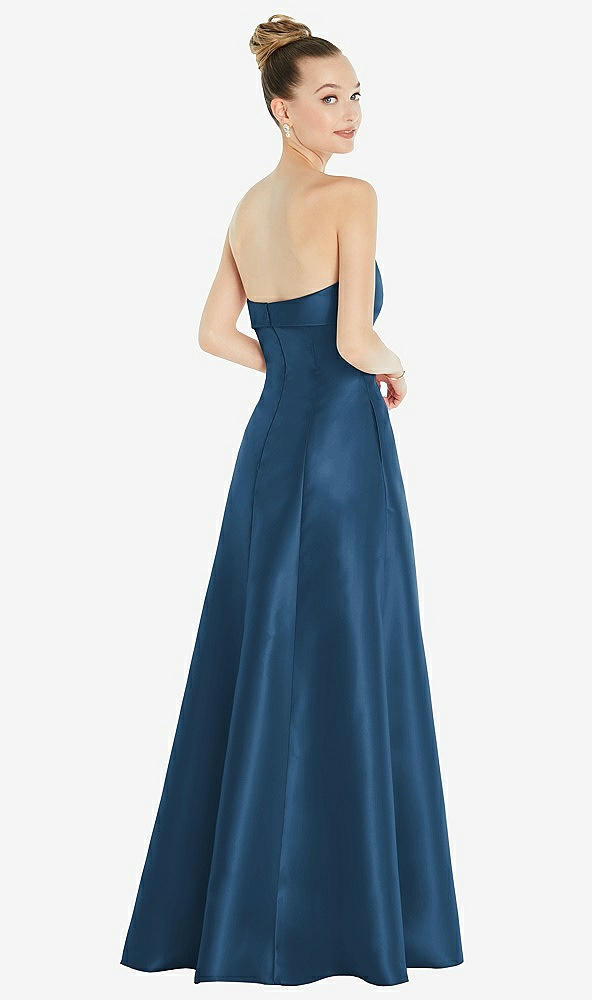 Back View - Dusk Blue Bow Cuff Strapless Satin Ball Gown with Pockets