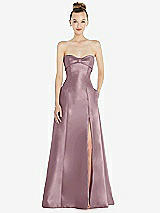 Front View Thumbnail - Dusty Rose Bow Cuff Strapless Satin Ball Gown with Pockets