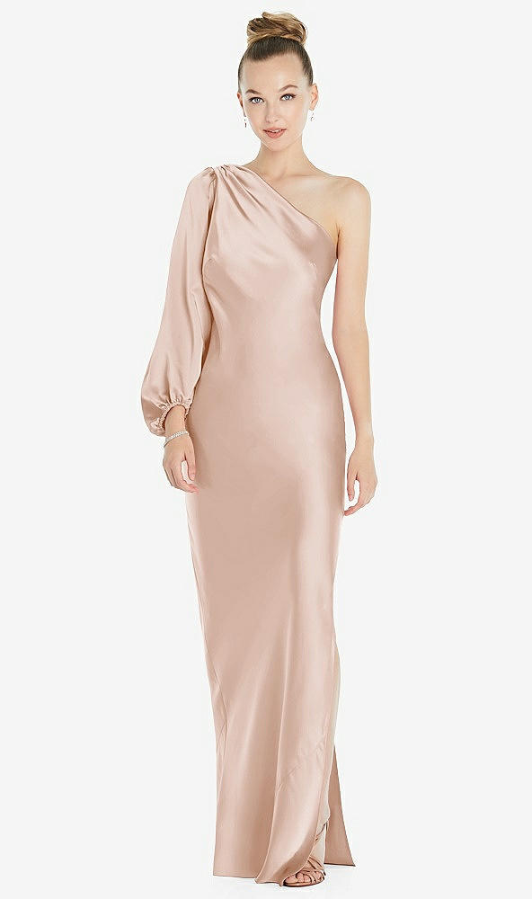 Front View - Cameo One-Shoulder Puff Sleeve Maxi Bias Dress with Side Slit
