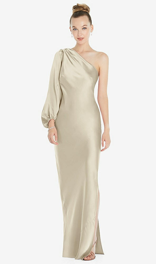 Front View - Champagne One-Shoulder Puff Sleeve Maxi Bias Dress with Side Slit