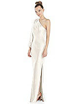 Side View Thumbnail - Ivory One-Shoulder Puff Sleeve Maxi Bias Dress with Side Slit