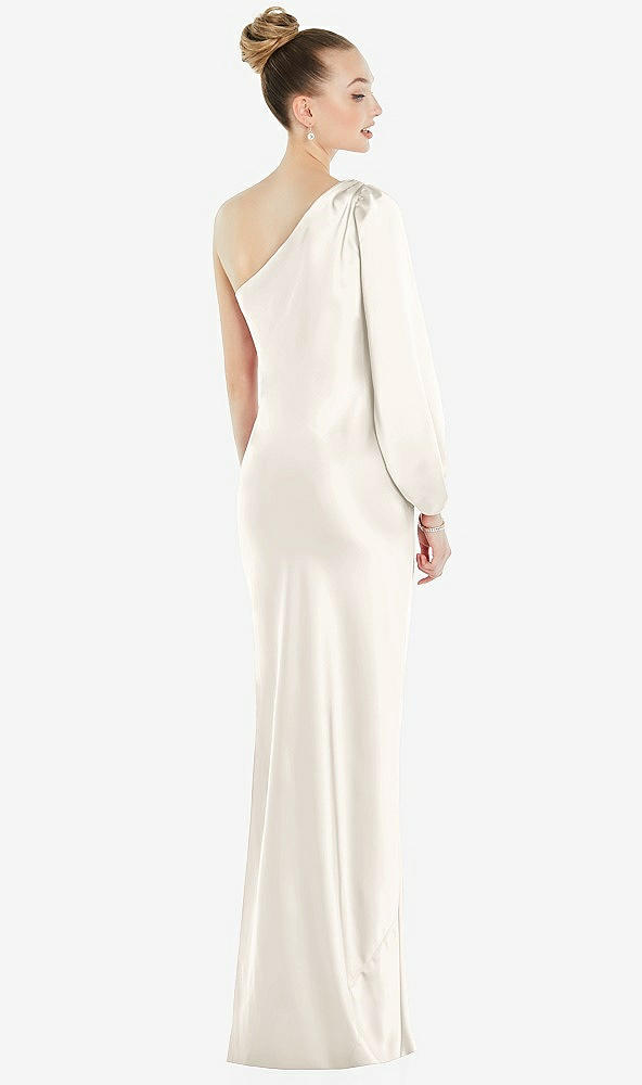 Back View - Ivory One-Shoulder Puff Sleeve Maxi Bias Dress with Side Slit
