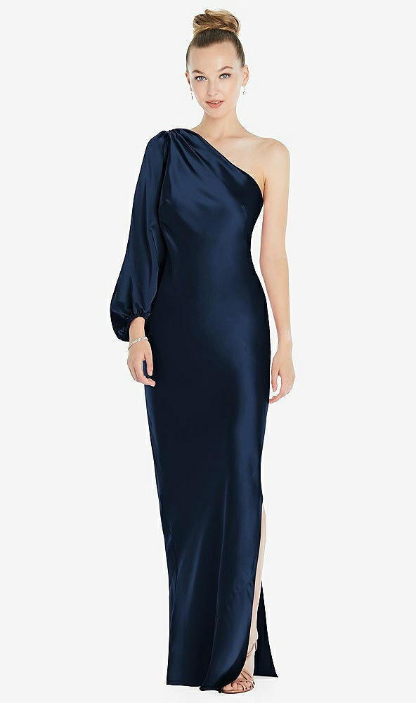 Front View - Midnight Navy One-Shoulder Puff Sleeve Maxi Bias Dress with Side Slit