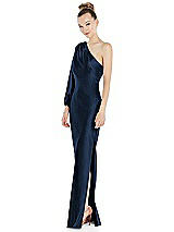 Side View Thumbnail - Midnight Navy One-Shoulder Puff Sleeve Maxi Bias Dress with Side Slit