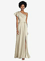 Front View Thumbnail - Champagne Draped One-Shoulder Flutter Sleeve Maxi Dress with Front Slit