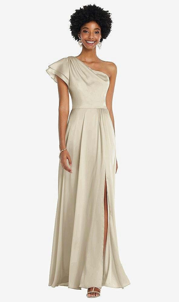 Front View - Champagne Draped One-Shoulder Flutter Sleeve Maxi Dress with Front Slit