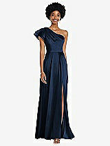 Front View Thumbnail - Midnight Navy Draped One-Shoulder Flutter Sleeve Maxi Dress with Front Slit