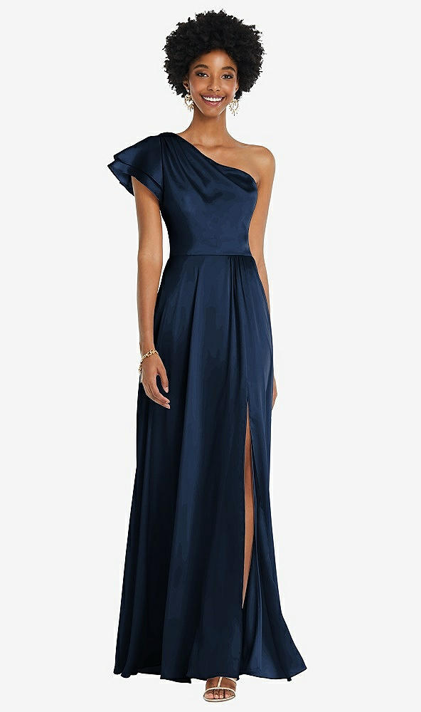 Front View - Midnight Navy Draped One-Shoulder Flutter Sleeve Maxi Dress with Front Slit