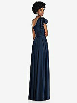 Rear View Thumbnail - Midnight Navy Draped One-Shoulder Flutter Sleeve Maxi Dress with Front Slit