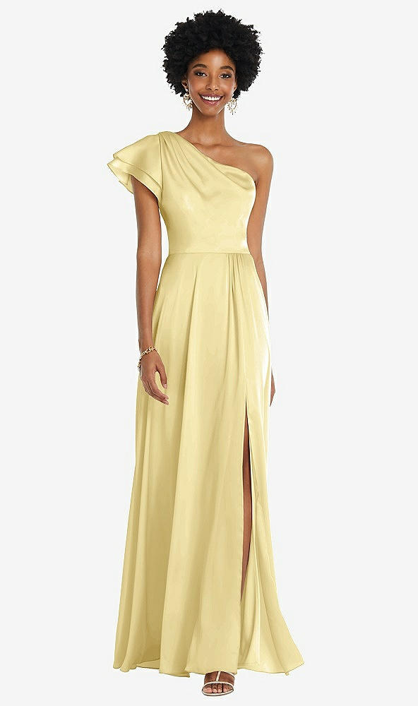 Front View - Pale Yellow Draped One-Shoulder Flutter Sleeve Maxi Dress with Front Slit