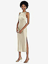 Front View Thumbnail - Champagne Jewel Neck Sleeveless Midi Dress with Bias Skirt