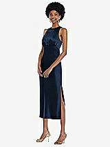 Front View Thumbnail - Midnight Navy Jewel Neck Sleeveless Midi Dress with Bias Skirt