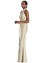 Side View Thumbnail - Champagne Scarf Tie Stand Collar Maxi Dress with Front Slit