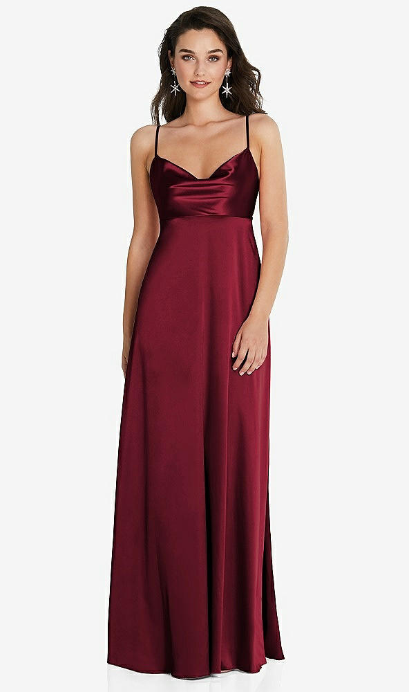 Front View - Burgundy Cowl-Neck Empire Waist Maxi Dress with Adjustable Straps