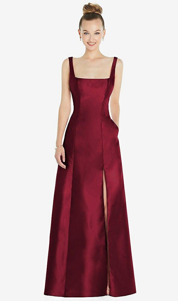 Front View - Burgundy Sleeveless Square-Neck Princess Line Gown with Pockets