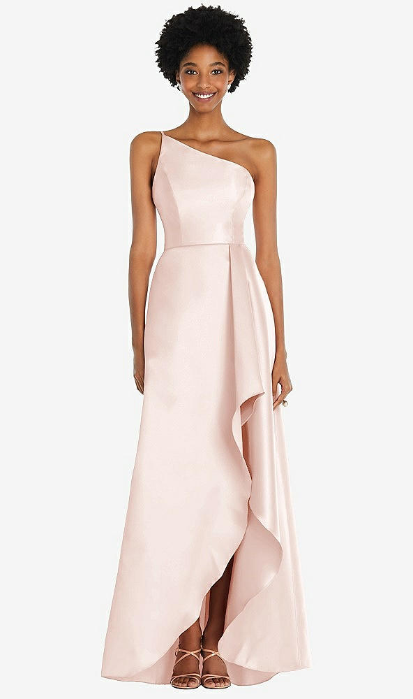 Front View - Blush One-Shoulder Satin Gown with Draped Front Slit and Pockets