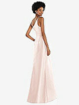 Rear View Thumbnail - Blush One-Shoulder Satin Gown with Draped Front Slit and Pockets