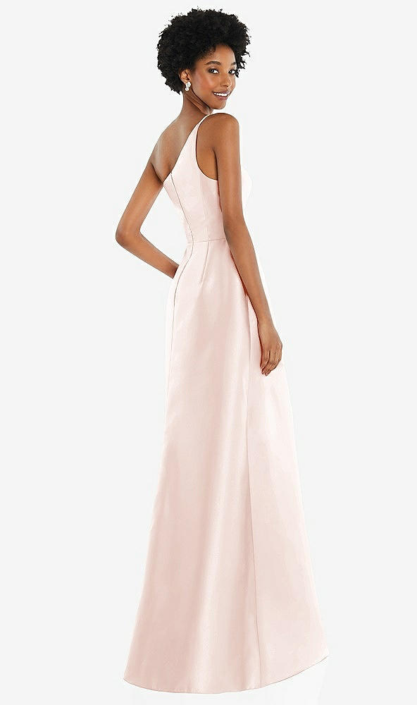 Back View - Blush One-Shoulder Satin Gown with Draped Front Slit and Pockets