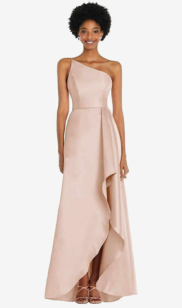 Front View - Cameo One-Shoulder Satin Gown with Draped Front Slit and Pockets