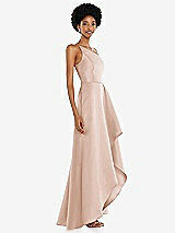 Side View Thumbnail - Cameo One-Shoulder Satin Gown with Draped Front Slit and Pockets