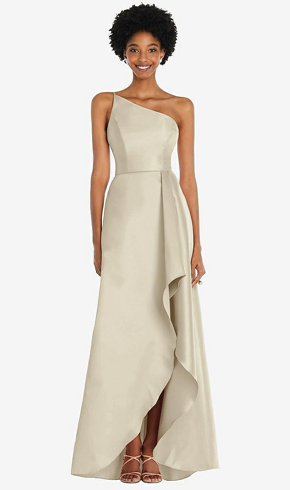 Front View - Champagne One-Shoulder Satin Gown with Draped Front Slit and Pockets