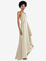 Side View Thumbnail - Champagne One-Shoulder Satin Gown with Draped Front Slit and Pockets