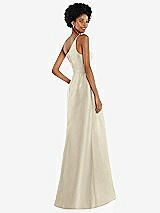 Rear View Thumbnail - Champagne One-Shoulder Satin Gown with Draped Front Slit and Pockets