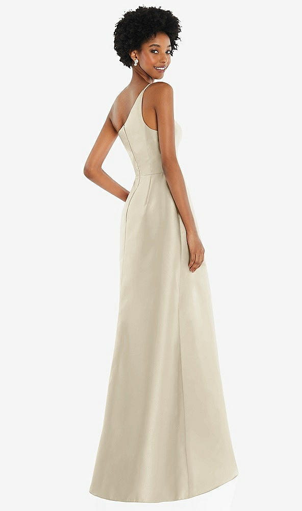 Back View - Champagne One-Shoulder Satin Gown with Draped Front Slit and Pockets