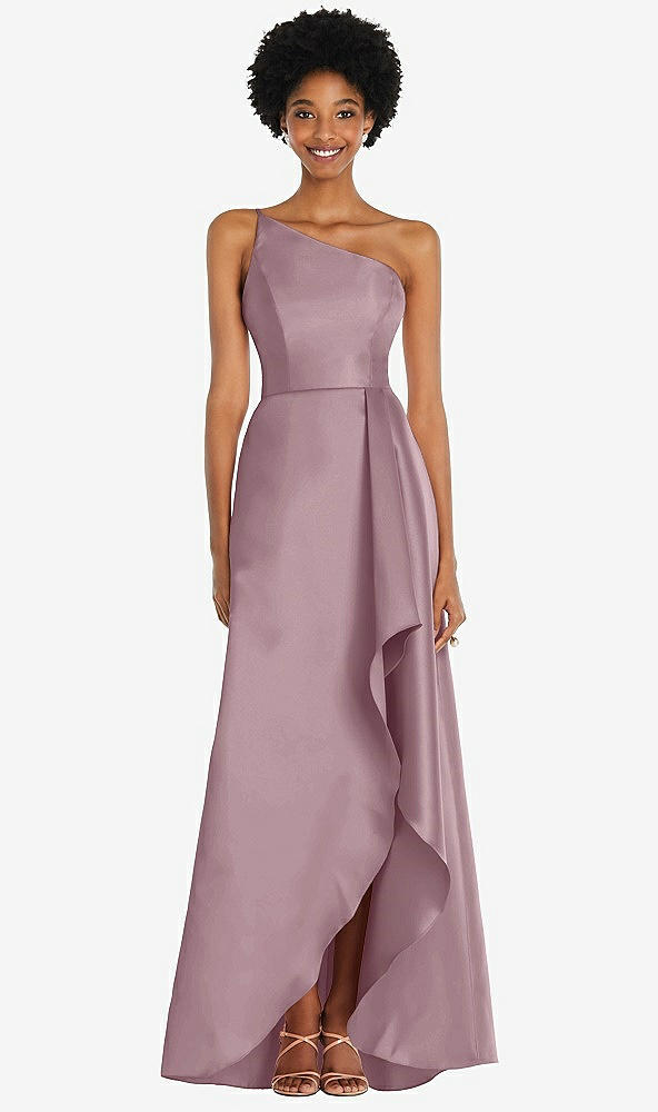 Front View - Dusty Rose One-Shoulder Satin Gown with Draped Front Slit and Pockets