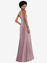 Rear View Thumbnail - Dusty Rose One-Shoulder Satin Gown with Draped Front Slit and Pockets
