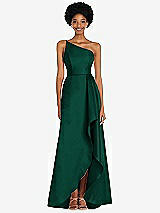 Front View Thumbnail - Hunter Green One-Shoulder Satin Gown with Draped Front Slit and Pockets