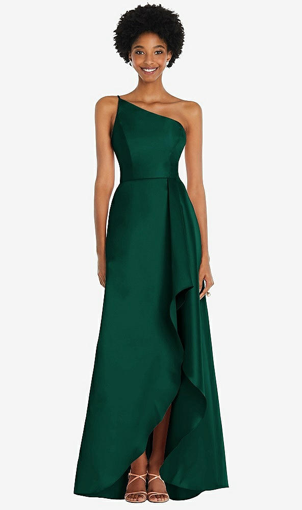 Front View - Hunter Green One-Shoulder Satin Gown with Draped Front Slit and Pockets