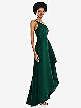 Side View Thumbnail - Hunter Green One-Shoulder Satin Gown with Draped Front Slit and Pockets