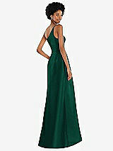 Rear View Thumbnail - Hunter Green One-Shoulder Satin Gown with Draped Front Slit and Pockets