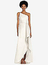 Front View Thumbnail - Ivory One-Shoulder Satin Gown with Draped Front Slit and Pockets