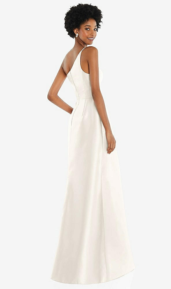 Back View - Ivory One-Shoulder Satin Gown with Draped Front Slit and Pockets