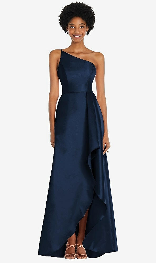 Front View - Midnight Navy One-Shoulder Satin Gown with Draped Front Slit and Pockets