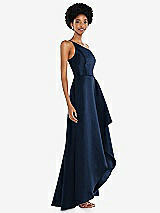 Side View Thumbnail - Midnight Navy One-Shoulder Satin Gown with Draped Front Slit and Pockets
