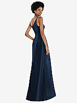Rear View Thumbnail - Midnight Navy One-Shoulder Satin Gown with Draped Front Slit and Pockets