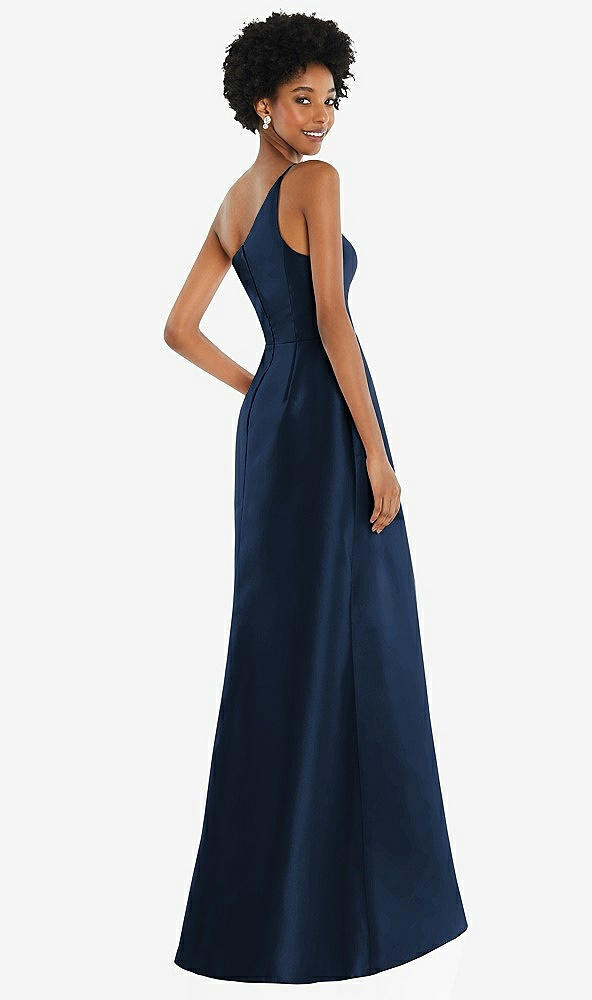 Back View - Midnight Navy One-Shoulder Satin Gown with Draped Front Slit and Pockets