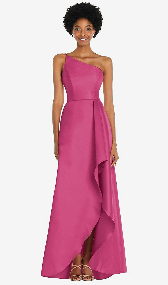 Front View - Tea Rose One-Shoulder Satin Gown with Draped Front Slit and Pockets