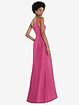 Rear View Thumbnail - Tea Rose One-Shoulder Satin Gown with Draped Front Slit and Pockets
