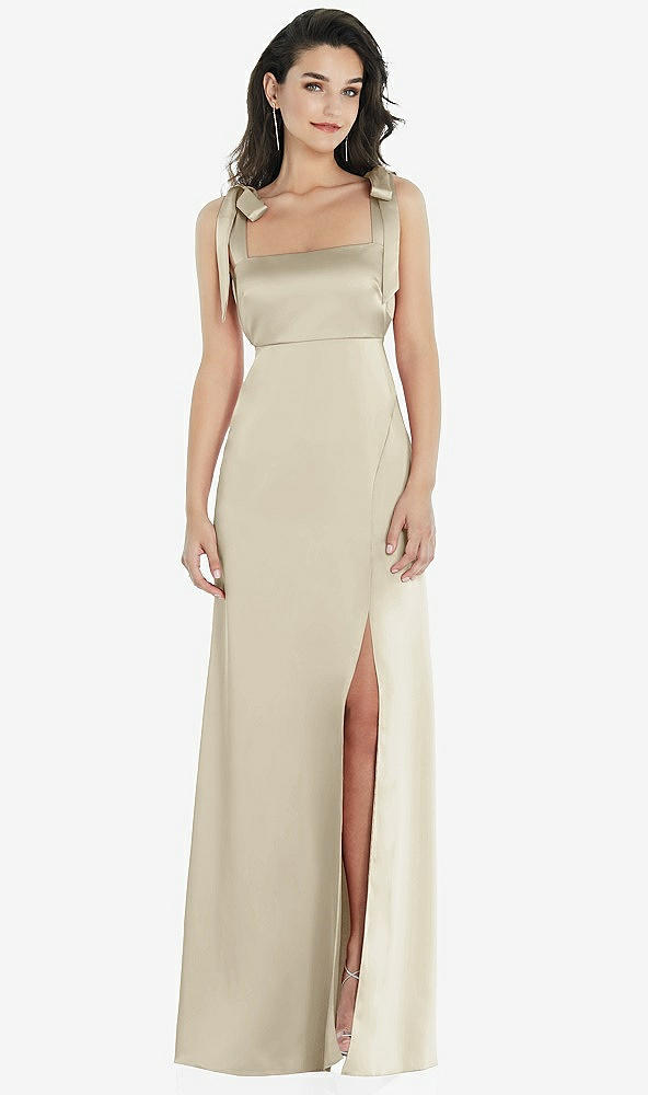 Front View - Champagne Flat Tie-Shoulder Empire Waist Maxi Dress with Front Slit