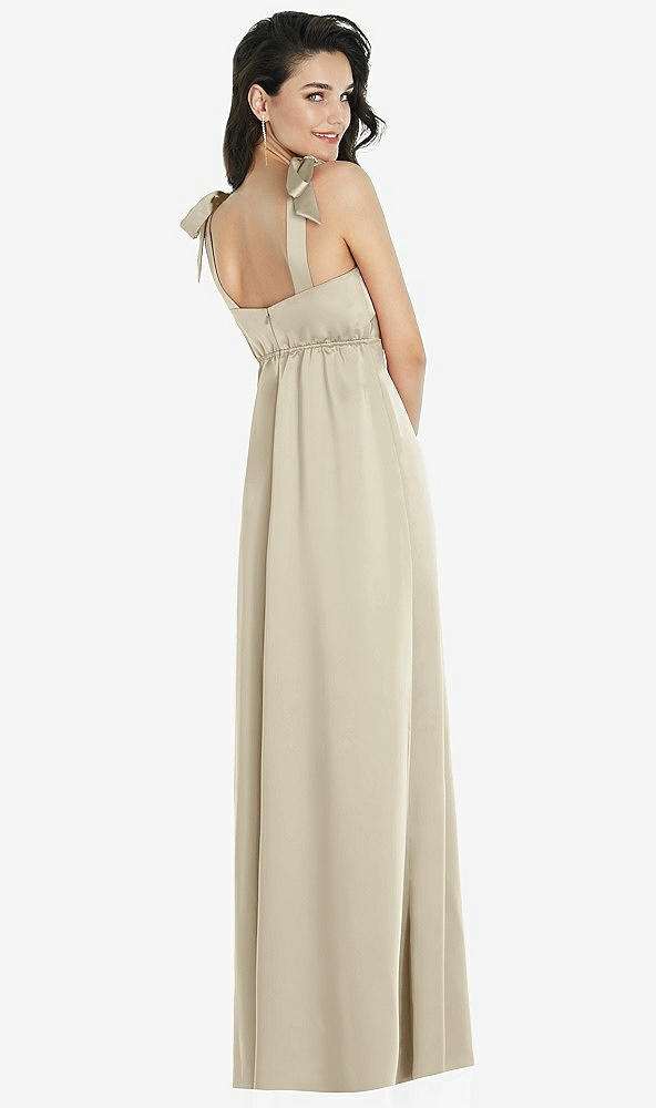 Back View - Champagne Flat Tie-Shoulder Empire Waist Maxi Dress with Front Slit